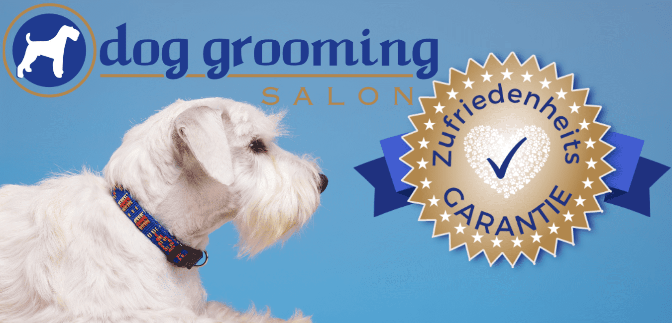 dog grooming Salon Logo mit Zufriedenheitsgarantie Logo und liegendem weißem Hund am Bildrand.